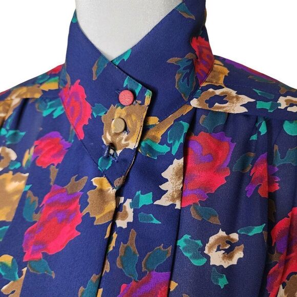 Vintage 80s High Neck Long Sleeve Pleated Floral Blouse Womens Size 12 Blue Mult - Picture 3 of 9